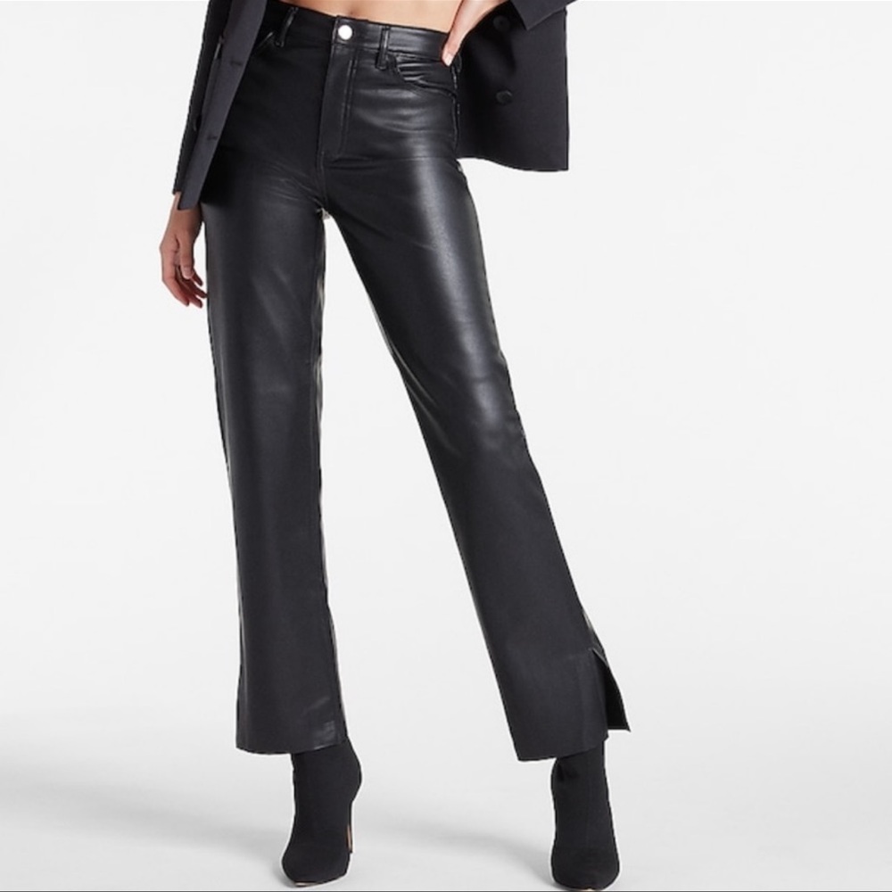 Express Super High Waisted Faux Leather Vented Hem Modern Straight Pants